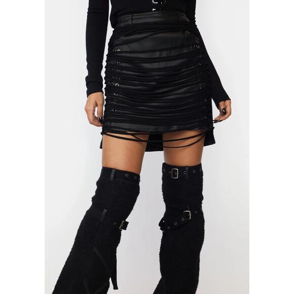 Punk Rave Steampunk Goth Tassel Shred Slasher Vegan Leather Mini Skirt Black M - Picture 2 of 12